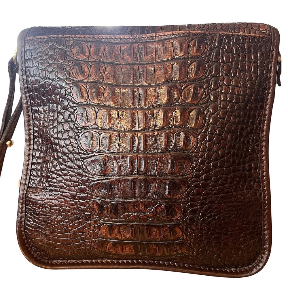 VTG Brahmin Dark Brown Croc Embossed Leather Crossbody Bag Made in USA *FLAWED* - Picture 2 of 16